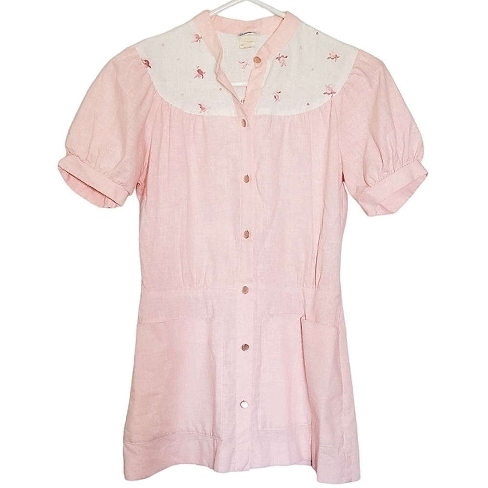 7174 * Barco Uniform Button Down Blouse Pink White Size XS 4/5 Vintage
